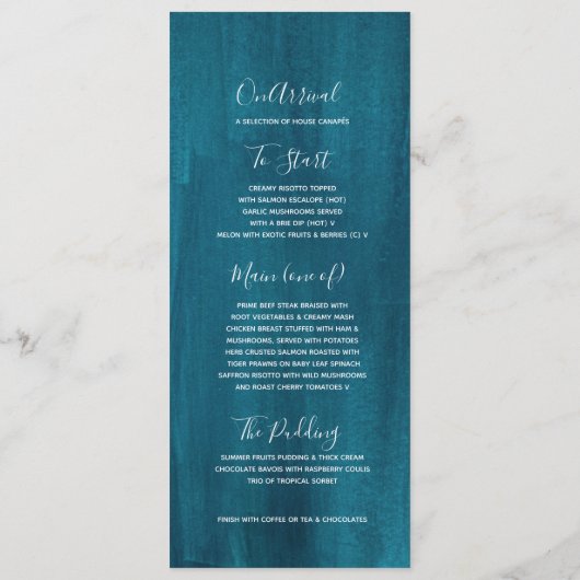 Donkere blauwgroen aqua blauw groen, modern huweli menu (Achterkant)