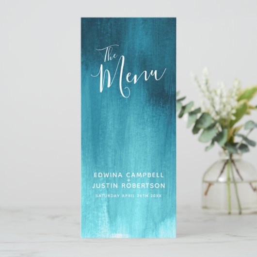 Donkere blauwgroen aqua blauw groen, modern huweli menu (Staand voorkant)