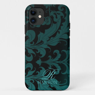 Donkere Blauwgroen  Damask Monogram-draagtas Case-Mate iPhone Case