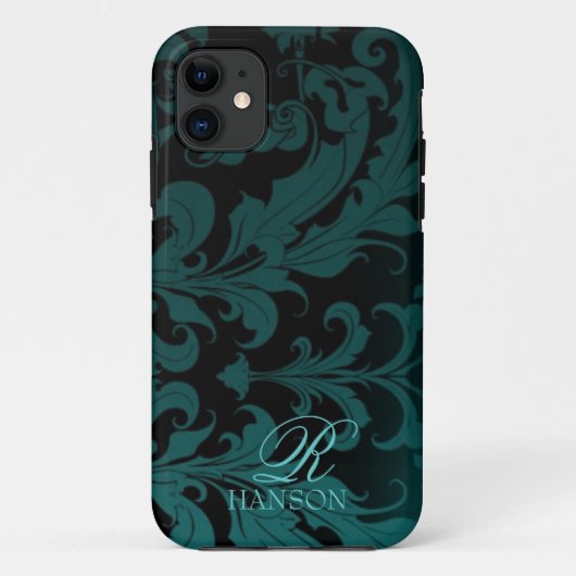 Donkere Blauwgroen  Damask Monogram-draagtas Case-Mate iPhone Case (Achterkant)