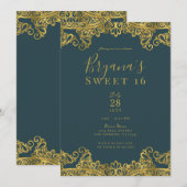 Donkere Blauwgroen en gouden kant Elegant Sweet 16 Kaart (Voorkant / Achterkant)
