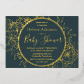 Donkere Blauwgroen en goudmatige pony Toile Baby s Folie Uitnodiging (Voorkant)