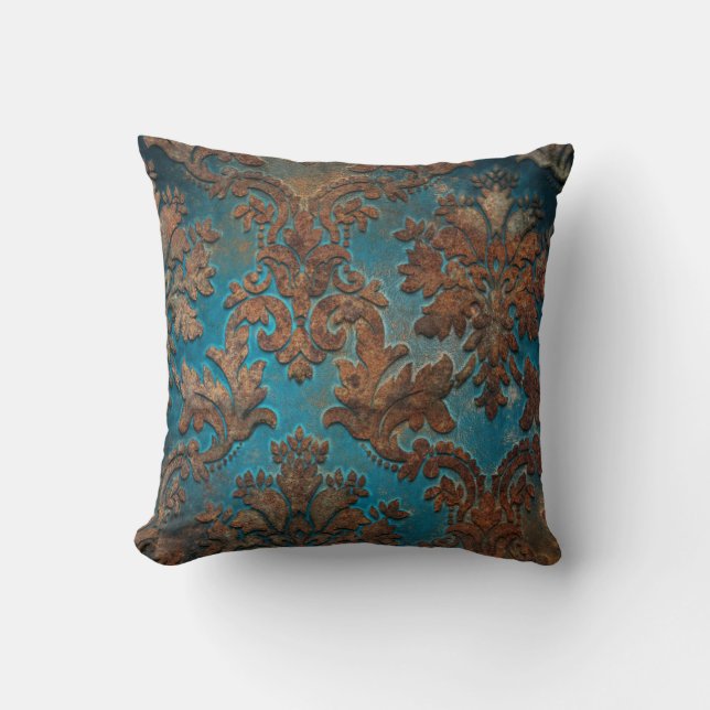 Donkere Blauwgroen en Patina Damask Kussen (Voorkant)