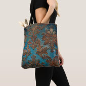 Donkere Blauwgroen en Patina Damask Tote Bag (Dichtbij)