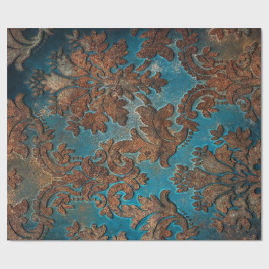 Donkere Blauwgroen en Rust Damask Cadeaupapier (Vlak)