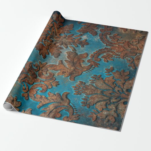 Donkere Blauwgroen en Rust Damask Cadeaupapier (Uitgerold)