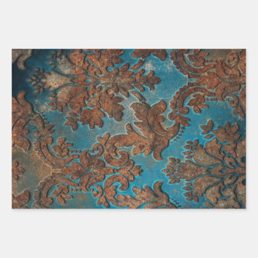 Donkere Blauwgroen en Rust Damask Inpakpapier Vel (Voorkant 3)