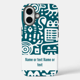 Donkere blauwgroen en witte doodles iPhone 16 hoesje