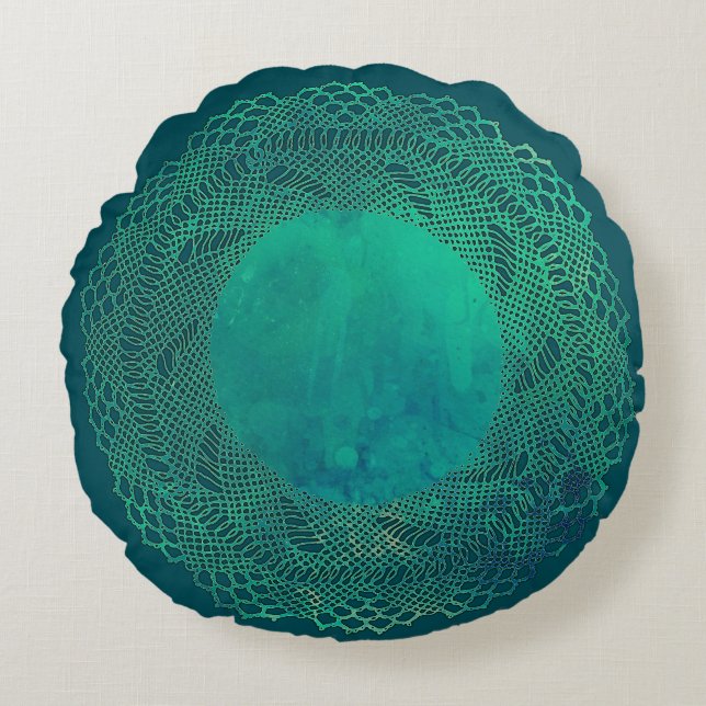Donkere Blauwgroen haakkant Doily Pillow Rond Kussen (Voorkant)