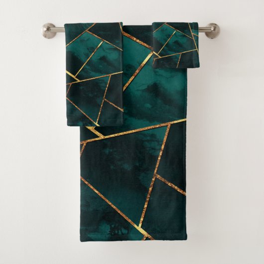 Donkere Blauwgroen inktkoper Gold geometrische gla Bad Handdoek (Insitu)