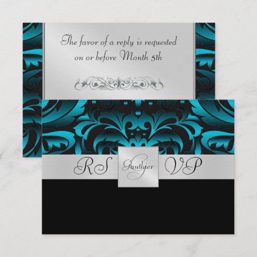 Donkere Blauwgroen Monogram Halve Damask RSVP Uitn (Voorkant / Achterkant)
