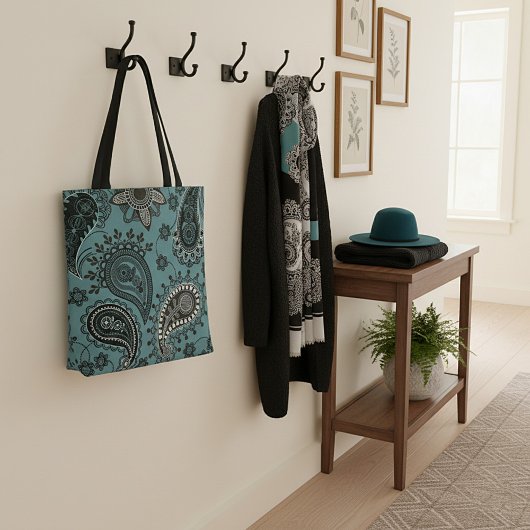 Donkere blauwgroen paisley tote bag