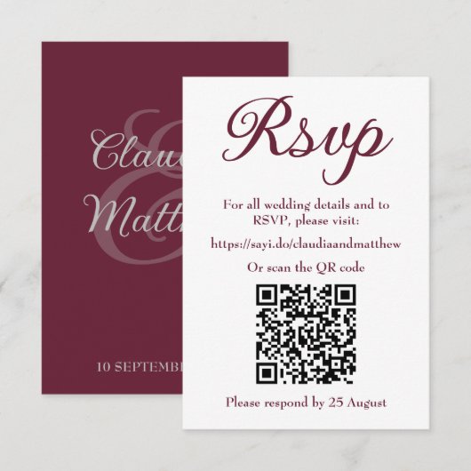 Donkere Bloed Rode Trouwwebsite RSVP met QR-code Kaartje (Voorkant / Achterkant)