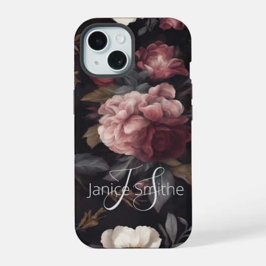 Donkere Bloem Monogram iPhone 15 Case (Achterkant)