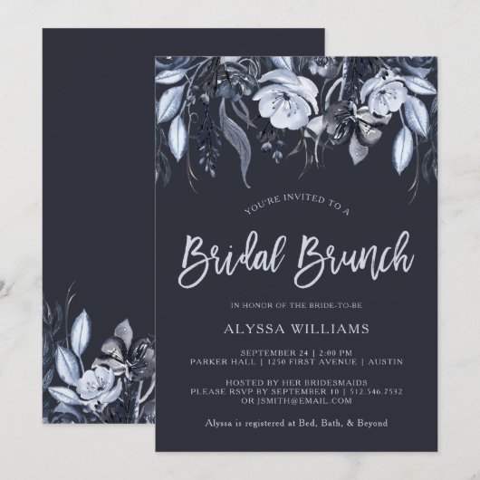 donkere bloem | Waterverf Blue Bridal Brunch Kaart (Voorkant / Achterkant)