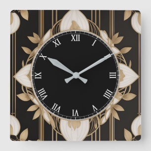 Donkere Bloemen Art Deco klok in zwart wit en goud