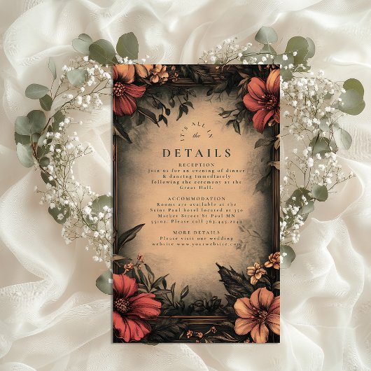 Donkere Bloemen Art Nouveau Huwelijksuitnodiging Informatiekaartje