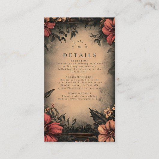 Donkere Bloemen Art Nouveau Huwelijksuitnodiging Informatiekaartje (Voorkant)