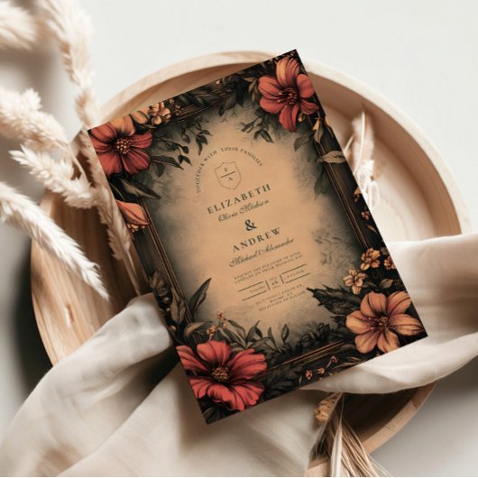 Donkere Bloemen Art Nouveau Huwelijksuitnodiging Kaart