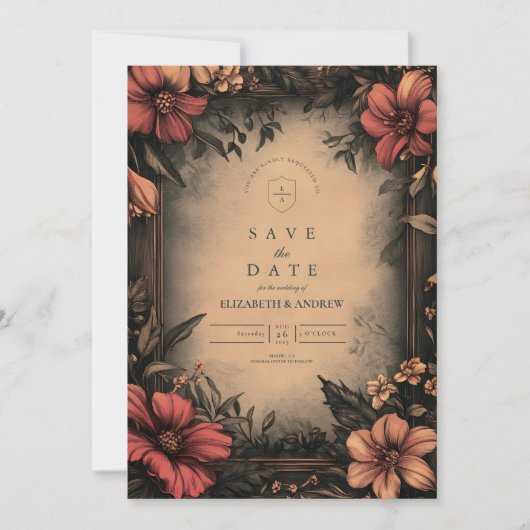 Donkere Bloemen Art Nouveau Huwelijksuitnodiging Save The Date (Voorkant)