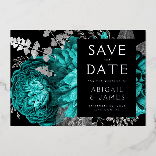 Donkere Bloemen Blauwgroen Blauw Zilveren Huwelijk Folie Uitnodiging (Voorkant)
