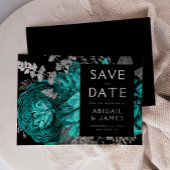 Donkere Bloemen Blauwgroen Blauw Zilveren Huwelijk Folie Uitnodiging