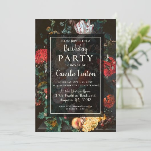 Donkere bloemen esthetische verjaardagsfeestje uit kaart (Staand voorkant)