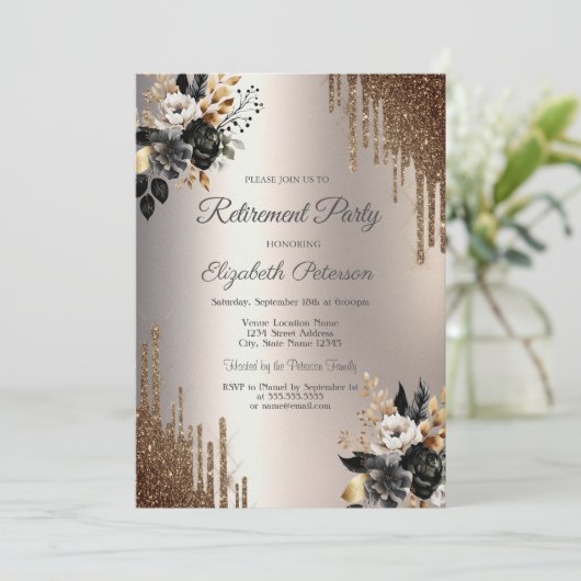 Donkere bloemen Glitter Drips Ivoor Pensioen Parti Kaart (Staand voorkant)