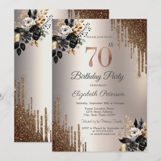Donkere bloemen Glitter Druppelt Ivoor 70ste Verja Kaart (Voorkant / Achterkant)
