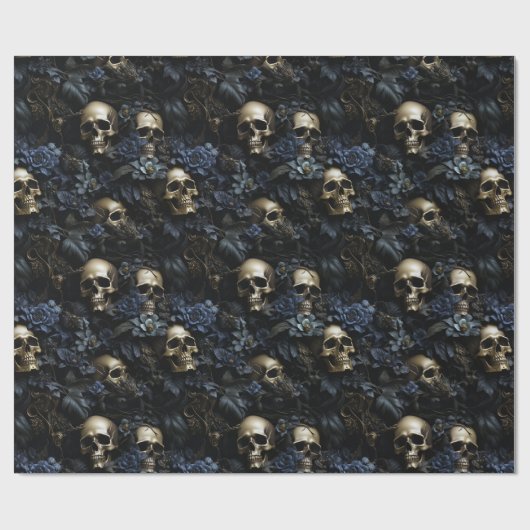 Donkere Bloemen Gotische Zwart & Blauwe Schedels C Cadeaupapier (Vlak)