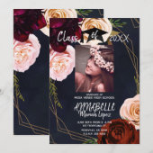 Donkere Bloemen Goud Marine Blauw Afstuderen Party Kaart (Voorkant / Achterkant)