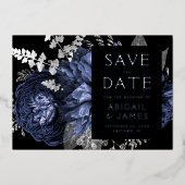 Donkere Bloemen Marine Blauw Zilveren Huwelijk Sav Folie Uitnodiging (Voorkant)