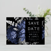 Donkere Bloemen Marine Blauw Zilveren Huwelijk Sav Folie Uitnodiging (Staand Voorkant)