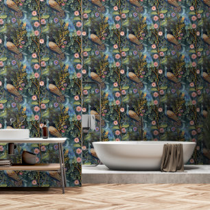 Donkere Bloemen Peacock Botanical Verwijderbaar Behang
