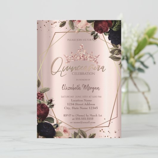 Donkere bloemen Roos Gold Quinceañera Kaart (Staand voorkant)
