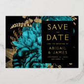 Donkere Bloemen Turquoise Gouden Bruiloft Save the Folie Uitnodiging (Voorkant)