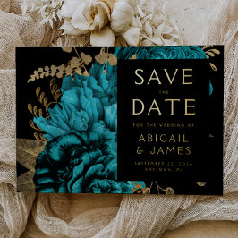 Donkere Bloemen Turquoise Gouden Bruiloft Save the Folie Uitnodiging