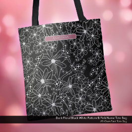 Donkere Bloemen Zwart Wit Patroon & Roze Naam Tote Bag