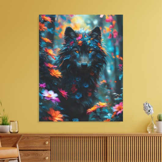 Donkere Bloemenwolf Canvas Afdruk (Insitu (Woonkamer))
