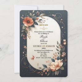 Donkere Bloemige Navy en Perzik Huwelijksuitnodigi Kaart