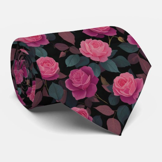 Donkere Bloemige Roze Roos Patroon Stropdas (Opgerold)