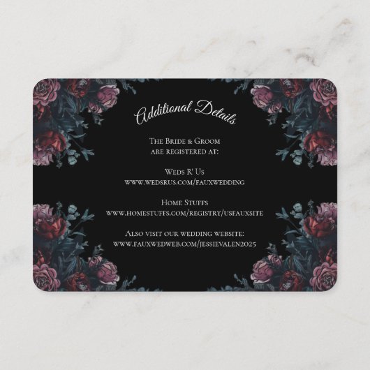 Donkere bloemige trouw gotische zwarte elegante informatiekaartje (Achterkant)