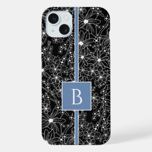 Donkere Bloemmotief Zwart Blauwe Schets Monogram iPhone 15 Plus Case