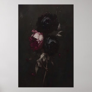 Donkere bloemstillevensschildering Moody Pioen Kun Poster