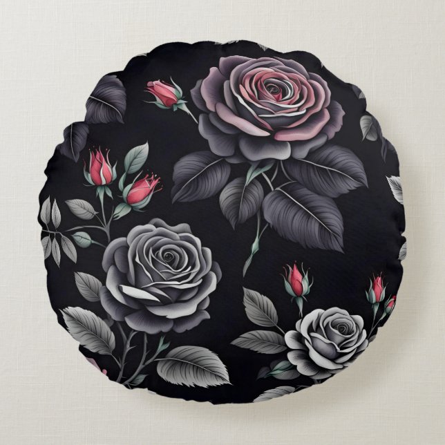 Donkere Blush Rozen Bloemstuk ontwerp Rond Kussen (Voorkant)