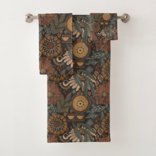 Donkere Boho Terracotta Salie Botanische Patroon Bad Handdoek