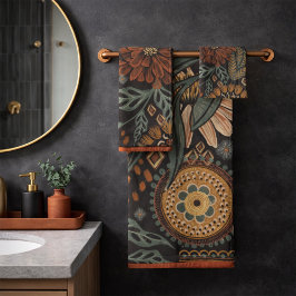 Donkere Boho Terracotta Salie Botanische Patroon Bad Handdoek