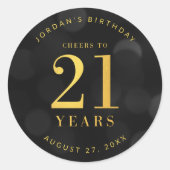 Donkere Bokeh Gold Cheers tot 21 jaar verjaardag Ronde Sticker (Voorkant)