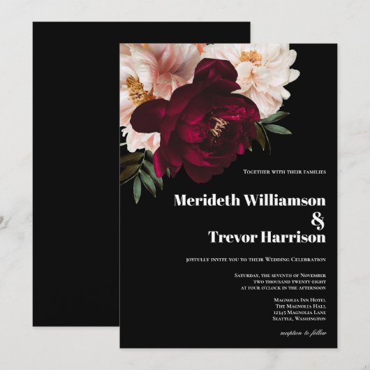 Donkere bordeaux & Blush bloemenzwart moderne brui Kaart (Voorkant / Achterkant)