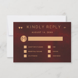 Donkere bordeaux metallic koper bruiloft maaltijd RSVP kaartje
